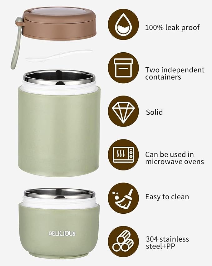 daiDokoro 730ml Stainless Steel Leakproof Lunch Pot/Meal Jar with Foldable Spoon for Office/School/College – Fern Green - Image 4